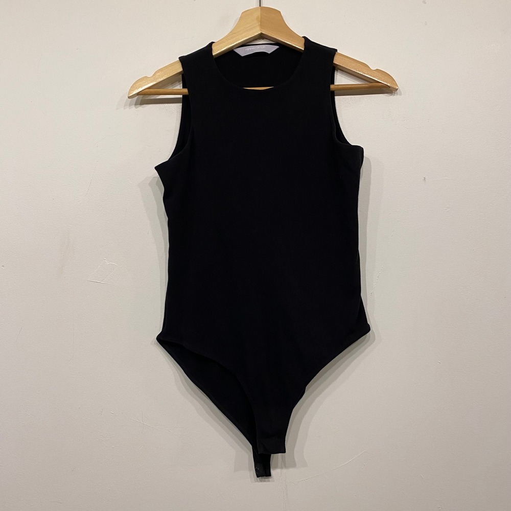 MangoPop Womens Black Ribbed Sleeveless Crew Neck Chic Bodysuit Medium